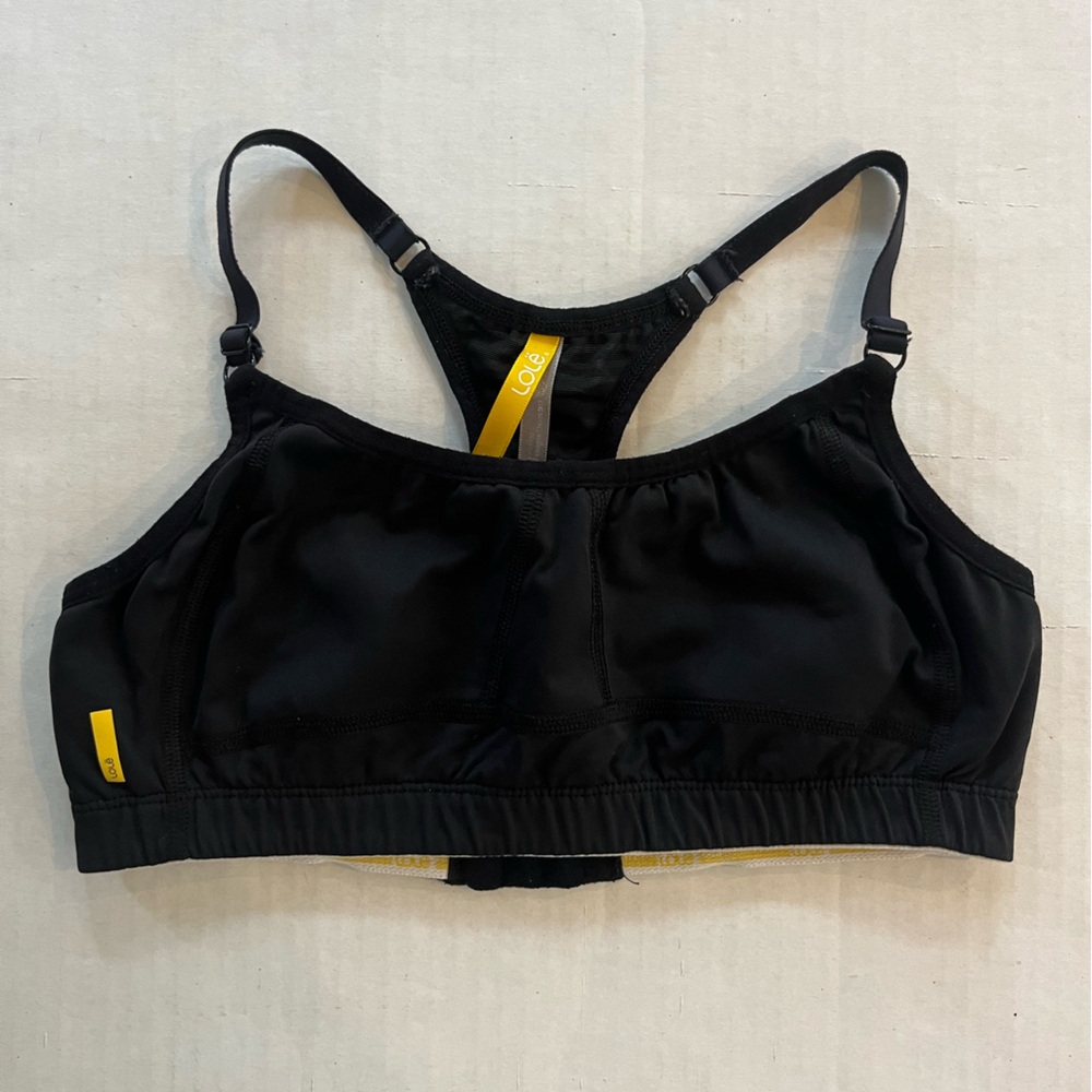 Lole sports bra black racerback adjustable straps and band striped back panel S